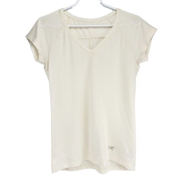 ARC'TERYX Merino-Blend Trim Fit V-Neck Short Sleeve Ivory Off-White Tee Size S - Picture 1 of 6
